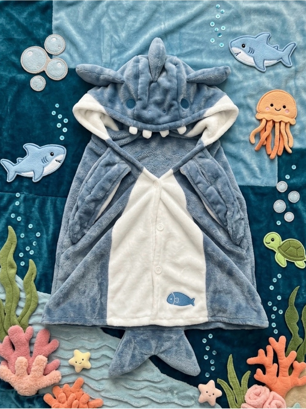 Plush 🦈 Unisex Hooded Onesie/Cape Style - Shark 🦈
